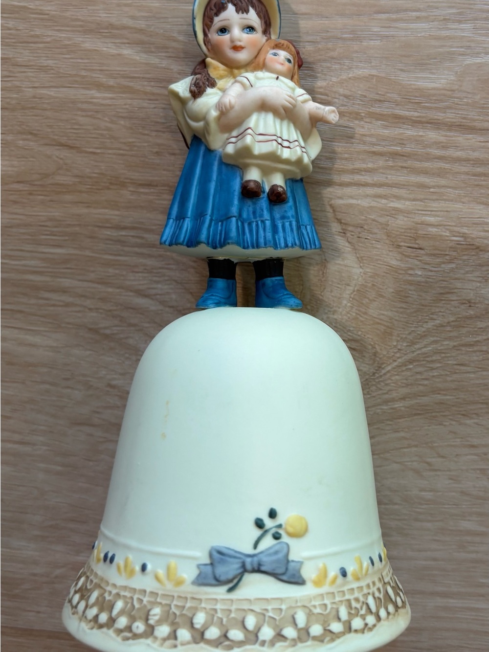 Porcelain Girl Bell with Doll Figurine - Cream & Blue